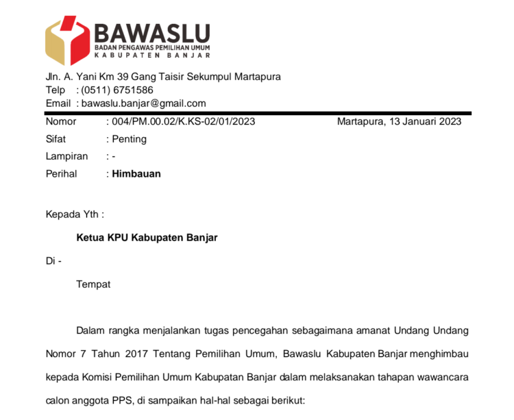 Bawaslu Surati KPU Kabupaten Banjar Terkait Perekrutan PPS Kabupaten Banjar