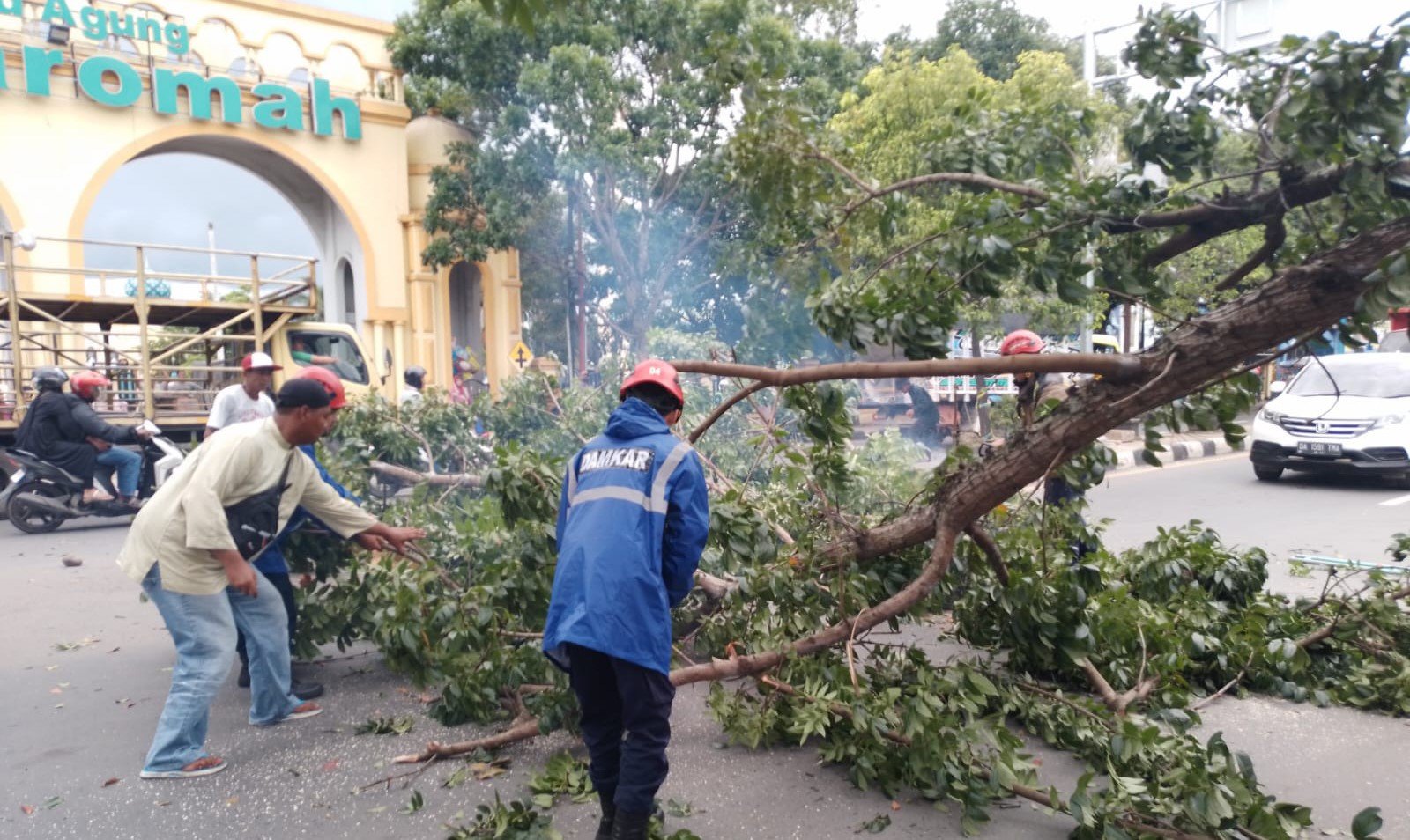 DPKP Kabupaten Banjar Bersihkan Pohon Tumbang Yang Menimpa Pohon Depan Masjid Al Karomah Martapura