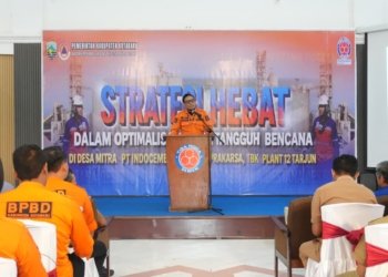 PT Indocement Tunggal Prakarsa Bersama BPBD Kotabaru Gelar Sosialisasi Optimalisasi Desa Tangguh Bencana melalui Strategi Hebat, Selasa (14/10/2025). Foto Diskominfo