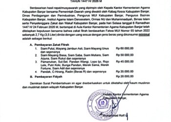 Kemenag Banjar Tetapkan Nilai Zakat Fitrah 1447 H, Mulai Rp35 Ribu hingga Rp60 Ribu