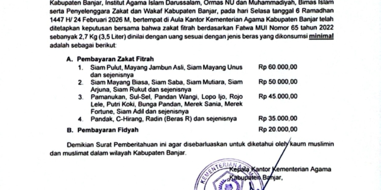 Kemenag Banjar Tetapkan Nilai Zakat Fitrah 1447 H, Mulai Rp35 Ribu hingga Rp60 Ribu