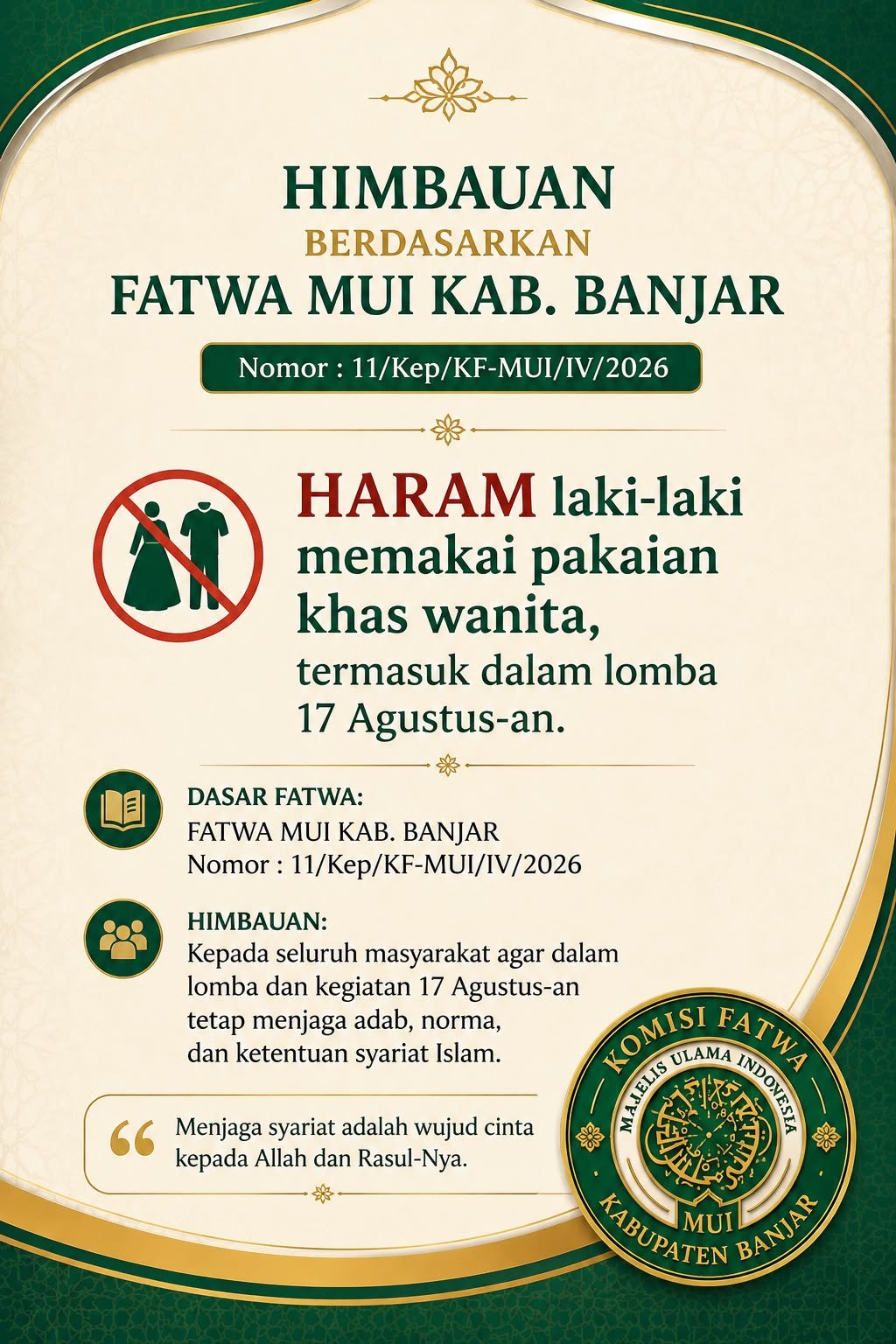 MUI Kabupaten Banjar Imbau Laki-Laki Tak Kenakan Pakaian Khas Wanita dalam Lomba 17 Agustus